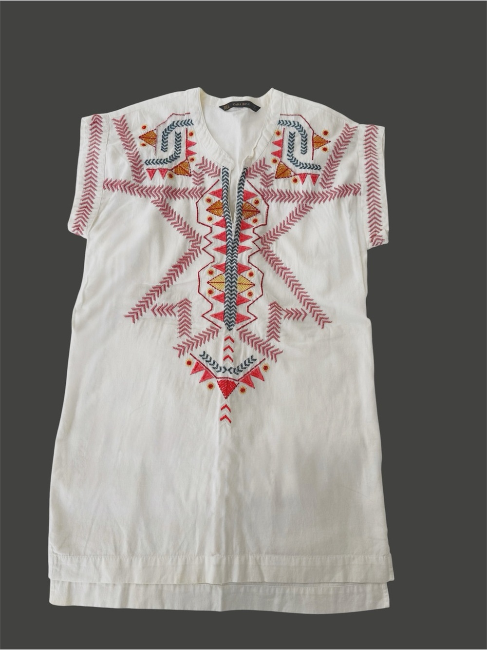 Zara White Linen Blend Boho Embroidered Tunic Mini Dress Size Small